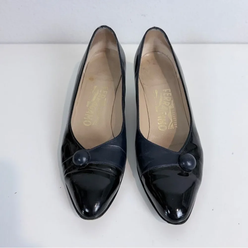 Salvatore Ferragamo Vintage Navy Black Patent Leather Kitten Heels 6.5 IOB